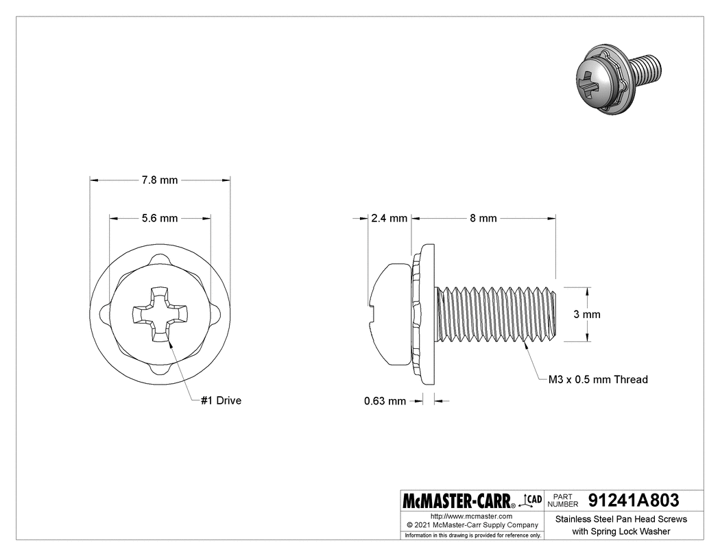 Technical Drawing of 18-8 Stainless Steel Pan Head Screws with Spring Lock Washer, M3 x 0.5 mm Thread Size, 8 mm Long.